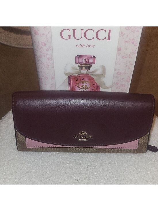 Coach Handbags - Coach Trifold Wallet in Burgundy, Pink & Brown Signature Canvas
